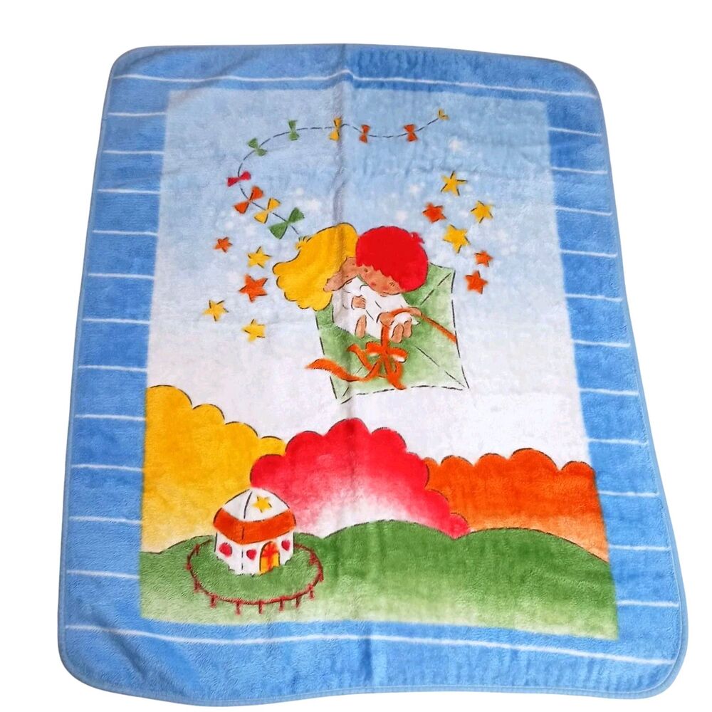 Vtg Amerlin Spain Twin Kids on Kite Stars Bright colorful Acrylic Plush Blanket